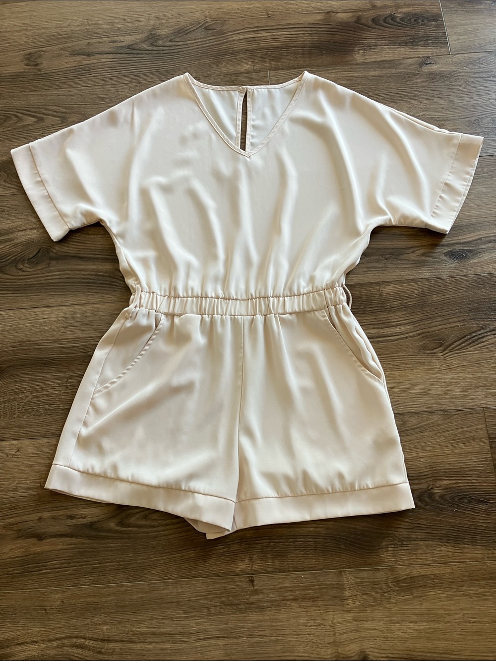 Cream Short Sleeve Romper with Elastic Waist